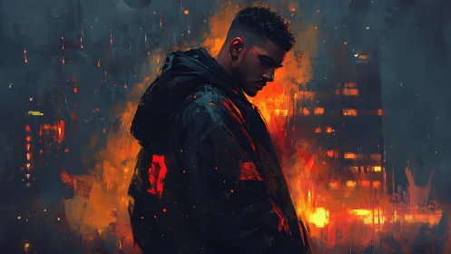 Brooding urban figure amid blazing neon nightscape.