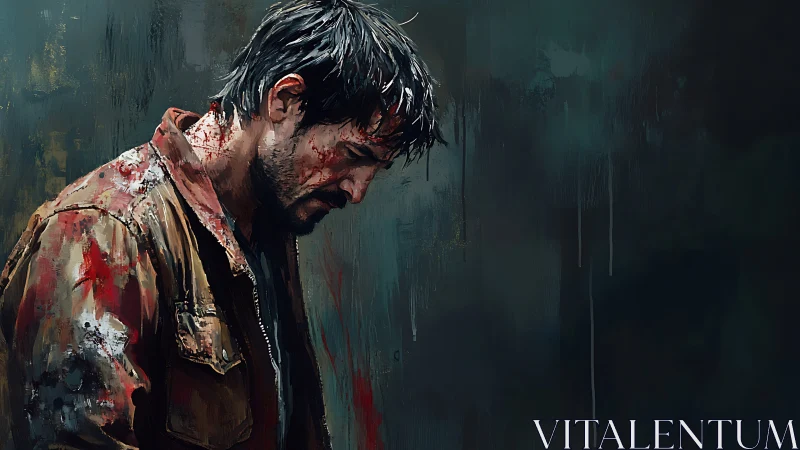 Bloodied man in profile stands against dark abstract backdrop