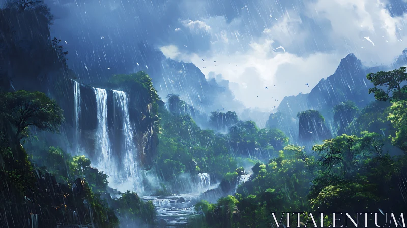Storm-swept jungle waterfalls under brooding mountain skies.
