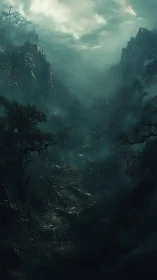 Misty Canyon Valley Between Towering Cliff Walls
