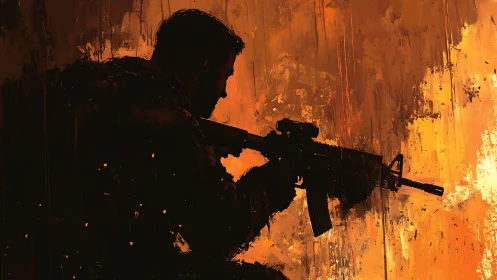 Lone soldier silhouette framed by glowing amber firelight.