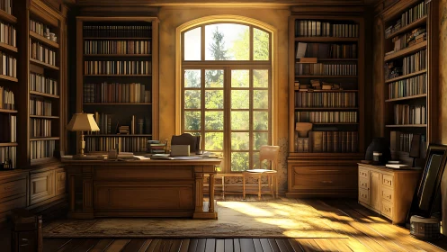 Sunlit study lets golden dust dance between quiet bookshelves