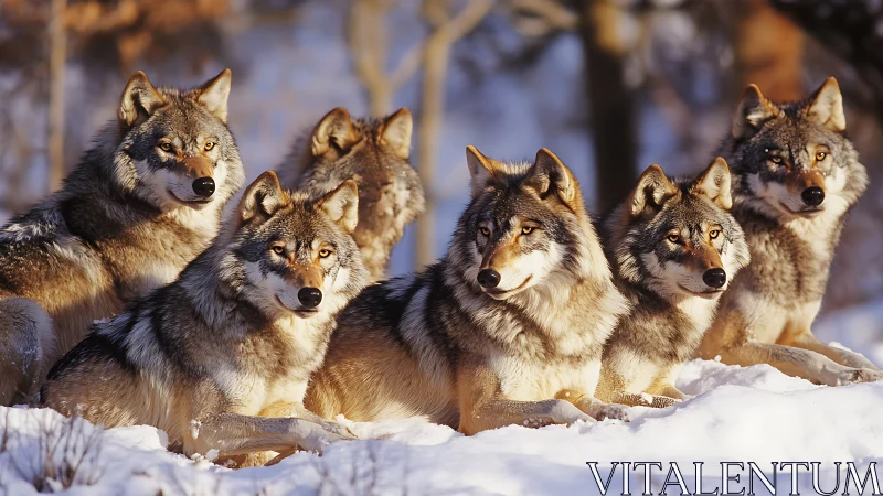 Winter wolf pack resting alertly in warm sunset light.