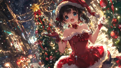 Anime Christmas street scene with festive character focus.