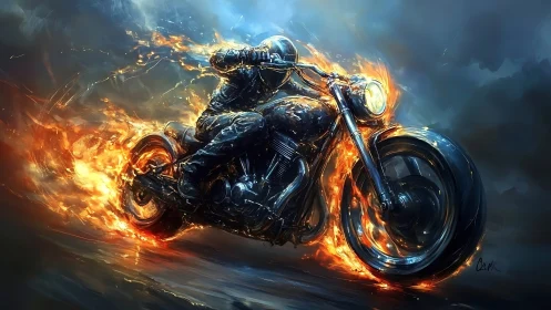 Motorcycle rider accelerates forward with wheels engulfed in fire