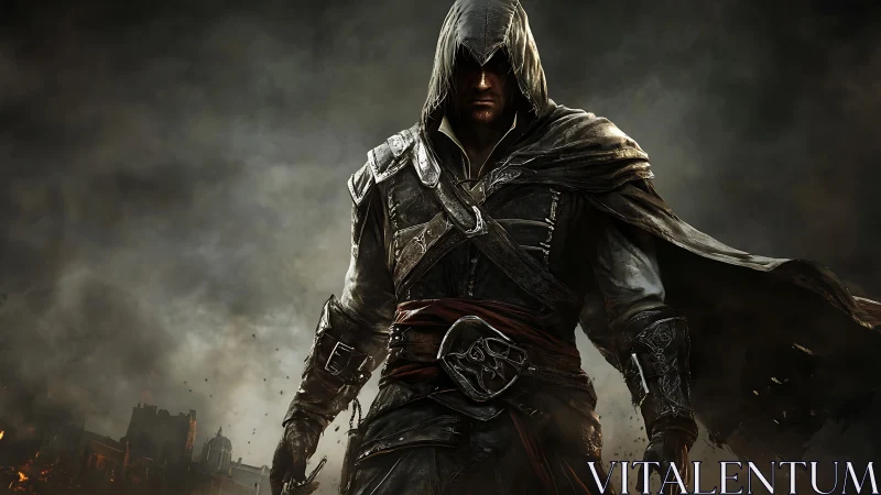 Hooded figure in dark fantasy armor amid smoke and ruins.