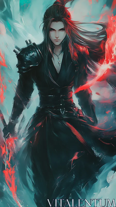 Mystical fire-wielding warrior walking through swirling light.