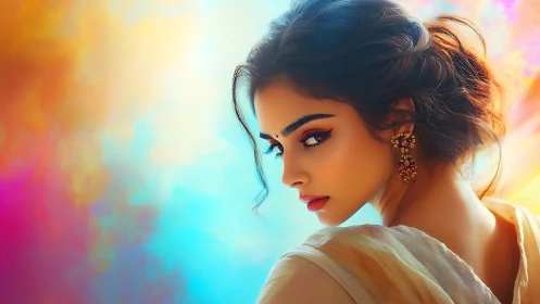 Soft gaze of an elegant woman glows in vibrant color haze