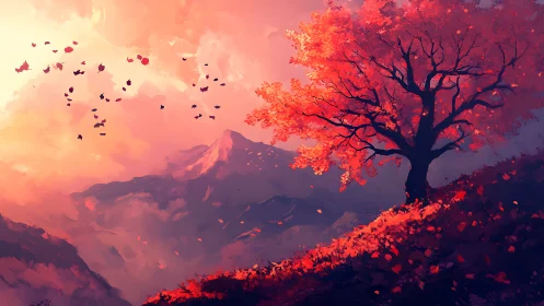 Crimson hillside tree watching mountains fade into dusk glow.