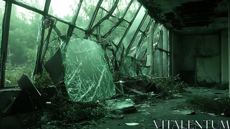 Shattered greenhouse windows surrender quietly to resurgent ivy