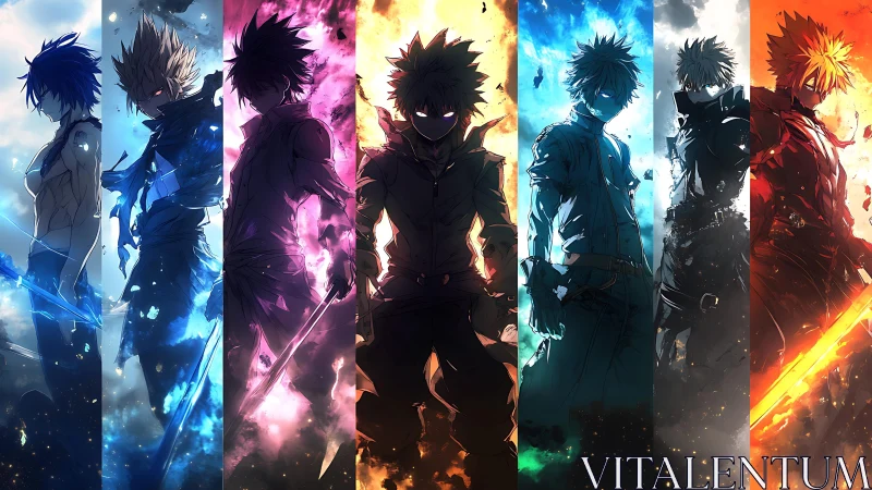 Elemental anime warriors stride through fire, frost, and void.