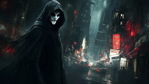 Masked figure in hooded cloak dominates rain-soaked cyberpunk alley