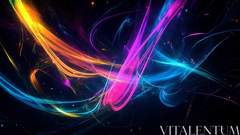 Neon light trails swirl across a cosmic dark canvas.