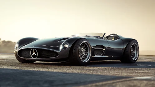Low black Mercedes roadster with retro racing design.