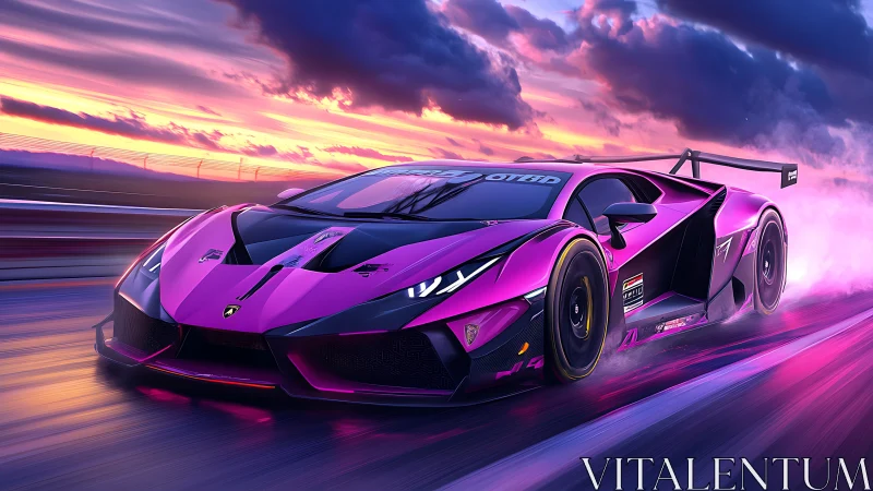 Magenta race car on track with sunset sky and motion blur.