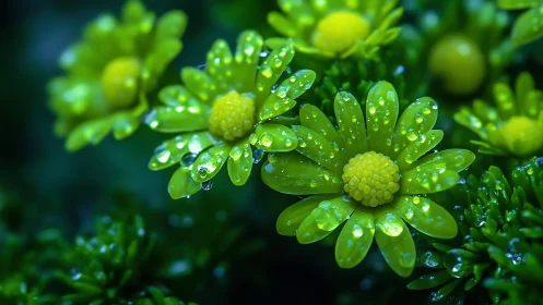 Dew-Covered Green Plant With Clustered Yellow Fruits.