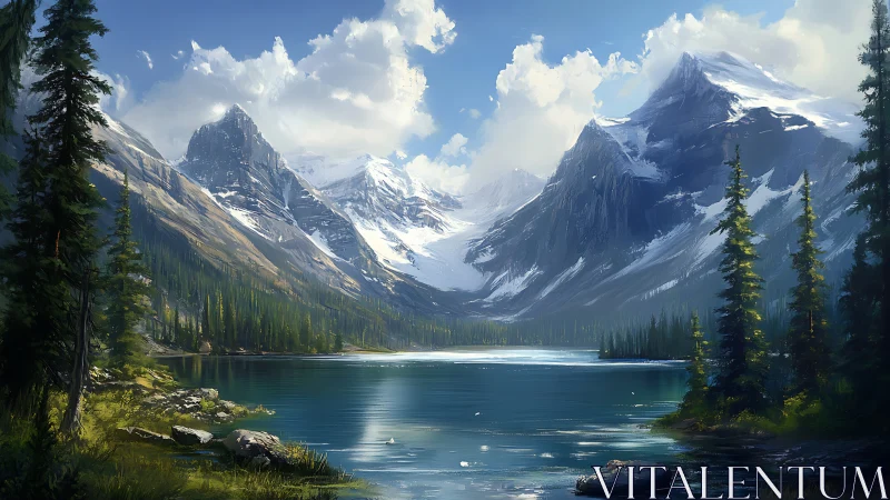Digital painting of alpine lake with snowcapped mountain massif.