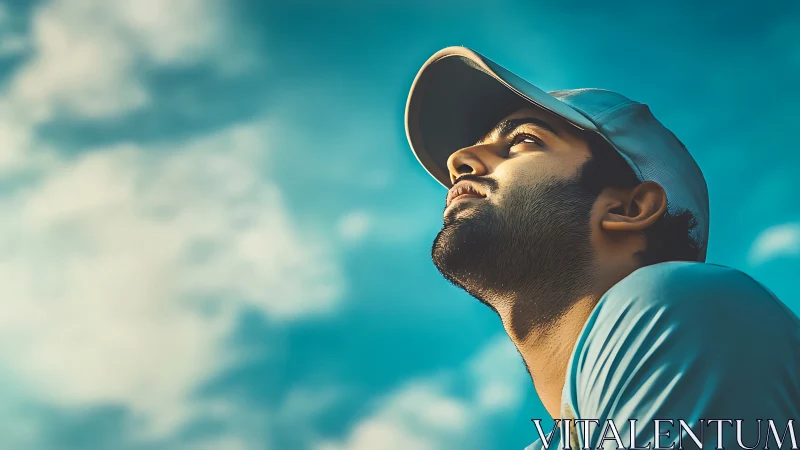 Portrait of young man in cap under cinematic teal sky.
