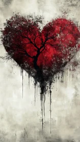 Tree silhouette within heart form, red pigment on beige ground.