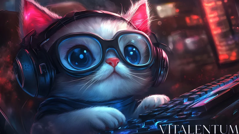 Cute white gamer cat with headset and glowing keyboard.