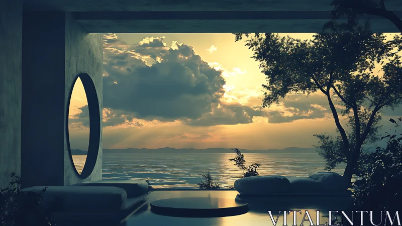 Modernist open-air lounge facing reflective seascape sunset