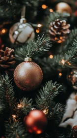 Cozy Christmas baubles glowing softly on a twinkling tree.