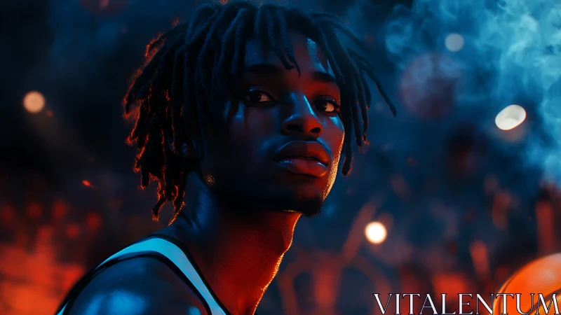 Courtside portrait in vivid orange and blue neon haze.