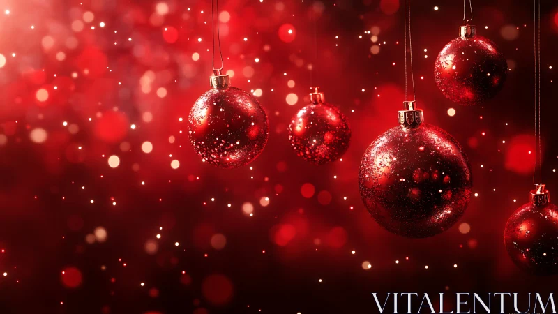 Photorealistic red baubles in festive bokeh suspension.