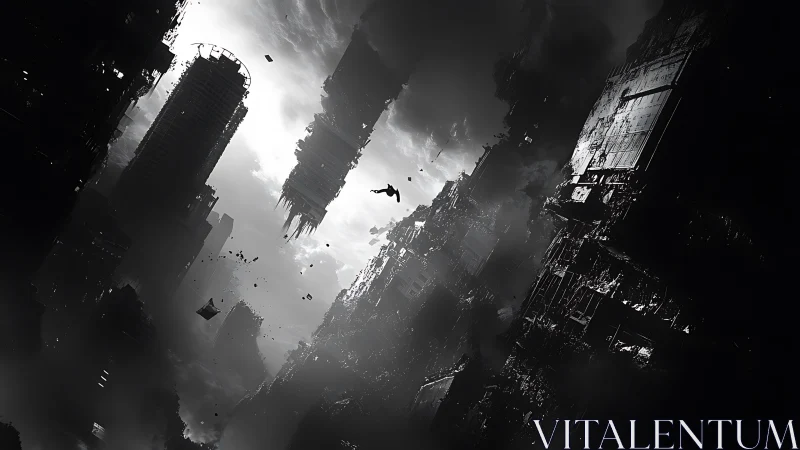 Inverted dystopian megacity skyline in monochrome chaos.