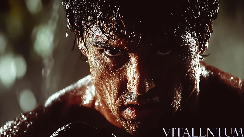 Sweat drenched fighter portrait under harsh dramatic light.