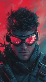 Cyber operative in neon visor amid red teal haze.