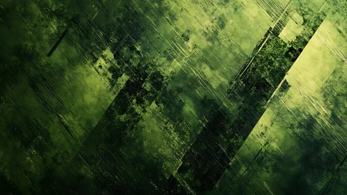 Abstract green textured painting with geometric lines and modern style.