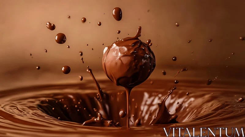 Orb of molten cocoa erupts in silky splash spectacle.