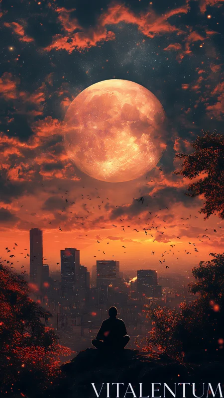 Silhouetted figure observing enlarged moon over city skyline.