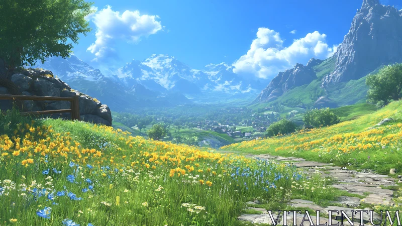 Digital pastoral mountain vista with floral stone path composition.