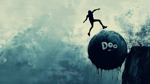 Silhouette figure leaps from dripping sphere over abstract cliff edge