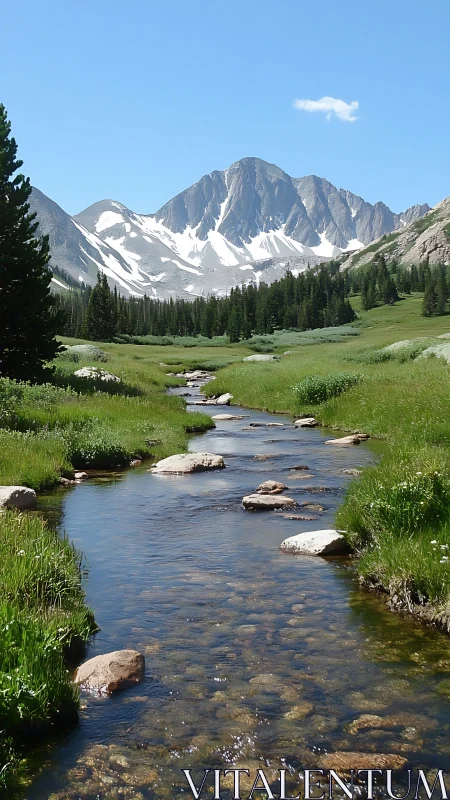 Clear mountain stream cutting through green alpine valley.