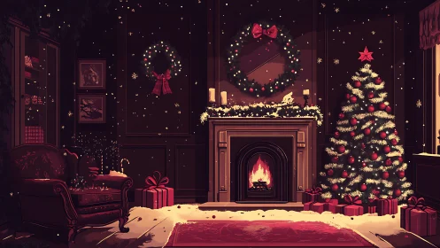 Interior fireplace scene shows decorated tree and wrapped gifts