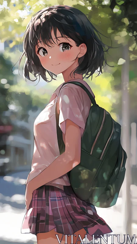 Smiling schoolgirl walking through sunlit summer streets.