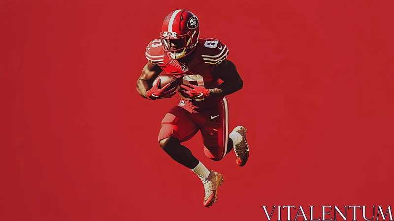 High contrast NFL running back isolated on flat red field