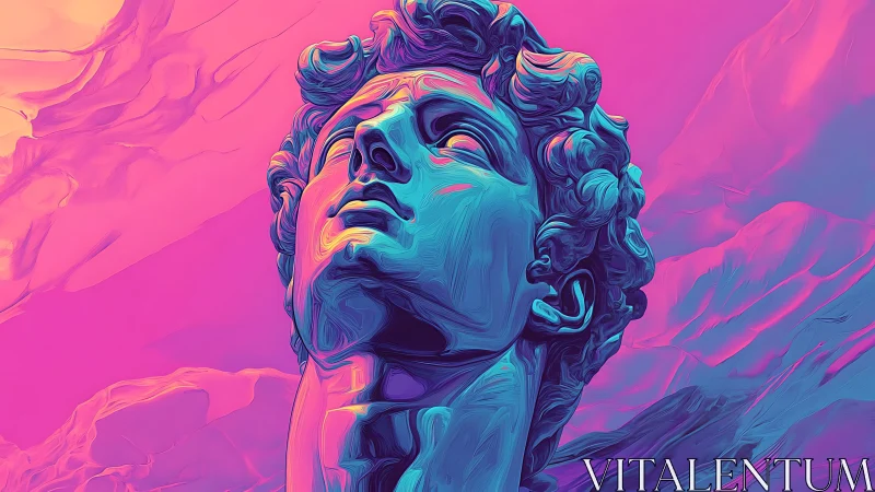 Neon-lit classical bust under gradient chromatic turbulence.