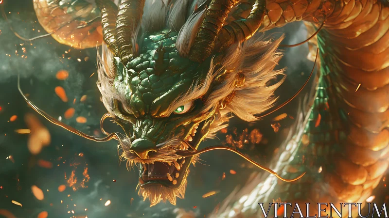 Serpentine dragon head in close-up view amid glowing embers.