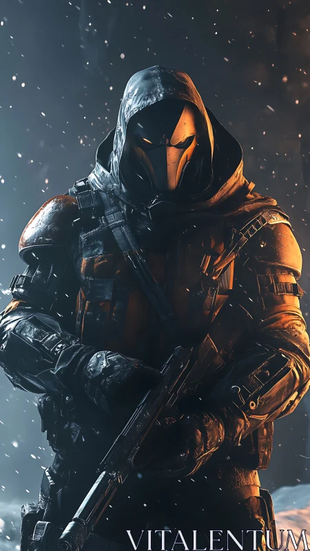 Armored hooded marksman stands in cinematic backlit snowfall