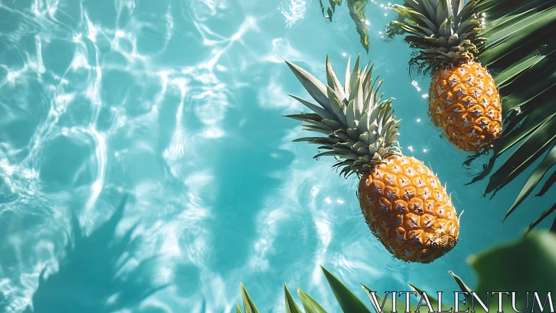 Sunlit pineapples drift across turquoise rippled pool water