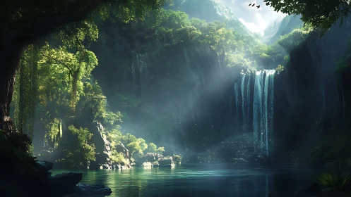 High-dynamic-range jungle waterfall basin with volumetric light