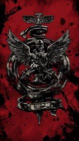 Winged soldier emblem over blood-red battle sigil.
