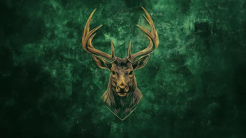 Golden stag illustration on deep textured green field.