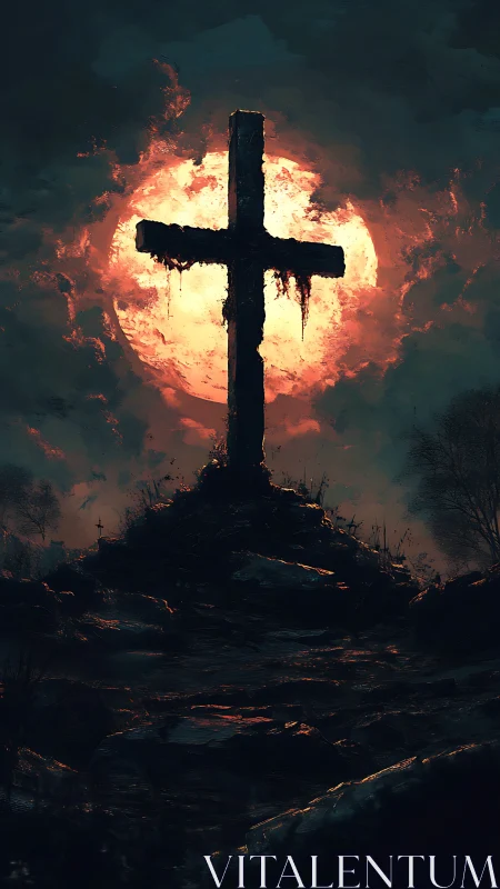 Weathered hilltop cross silhouetted by blood-red moon.
