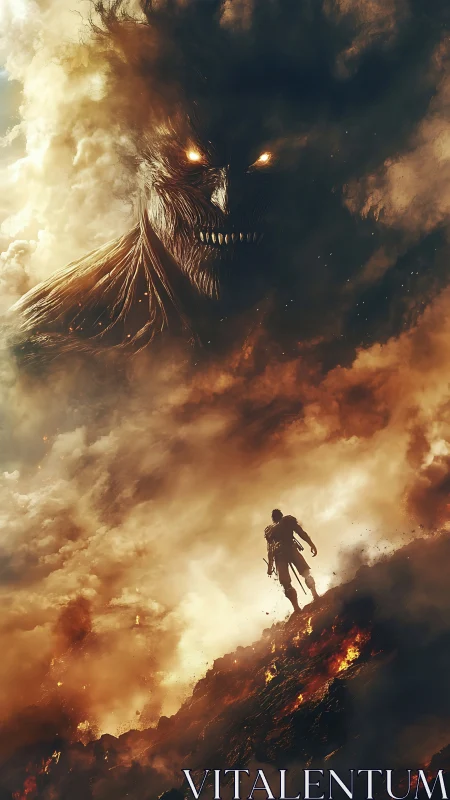 Lone warrior climbs burning slope toward vast fire demon.