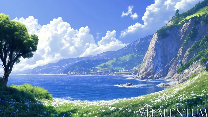 Peaceful cliffside shoreline bathed in soft coastal sunshine.